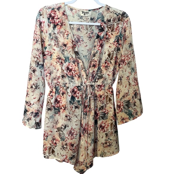 Show Me Your MuMu Pants - SHOW ME YOUR MUMU Roxy Romper Cream Rose Pink Floral Flare Sleeve Small